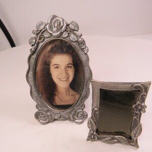 (2) mini floral picture Pewter or Zinc frames 1980s